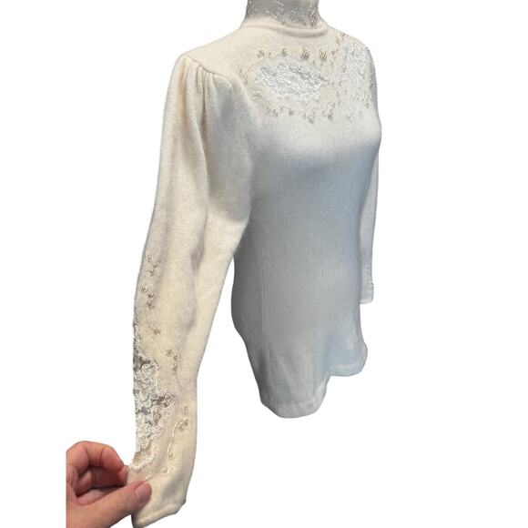 Vintage 80s Angora Pearl Lace Sweater Dress/Mini Tunic/Puff Sleeve Ivory Medium - Picture 3 of 7